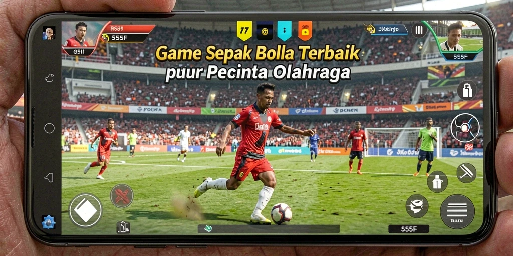 Screenshot utama 555F menampilkan aksi permainan sepak bola yang mendebarkan.