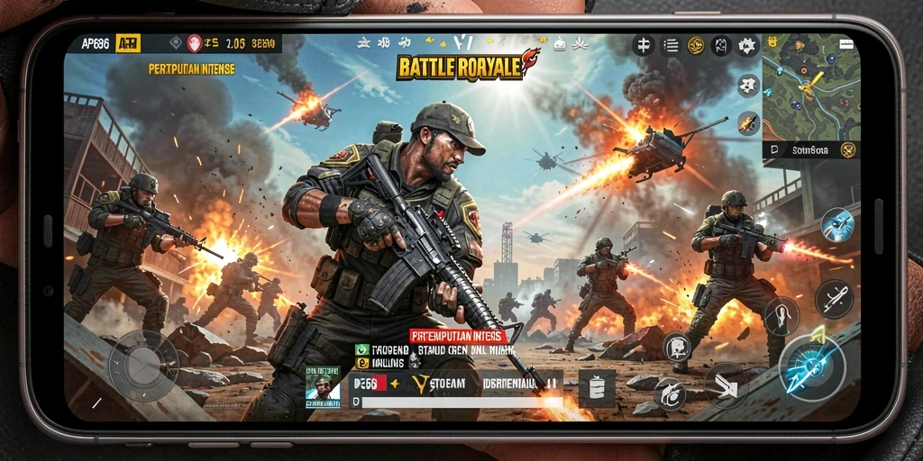 Tampilan gameplay AP686 yang penuh aksi dalam pertempuran Battle Royale.