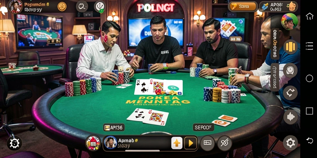 Screenshot gameplay menunjukkan suasana poker yang menegangkan dan penuh strategi.