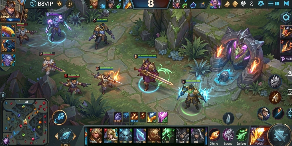 Tampilan gameplay seru B8VIP dalam pertempuran MOBA.