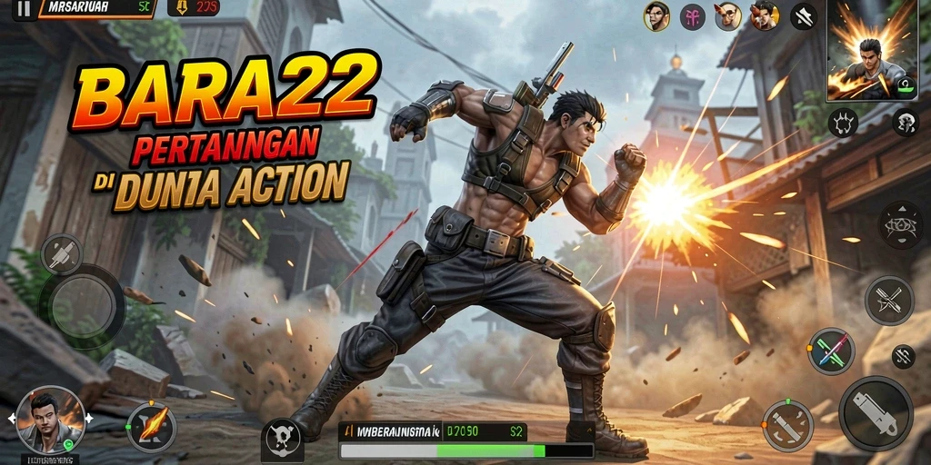 Tangkapan layar utama BARA22 menunjukkan pertarungan seru antara karakter di arena.