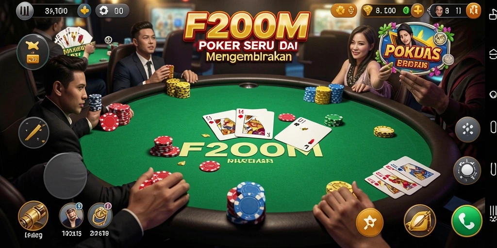 Screenshot gameplay utama F200M menunjukkan suasana penuh aksi Poker.