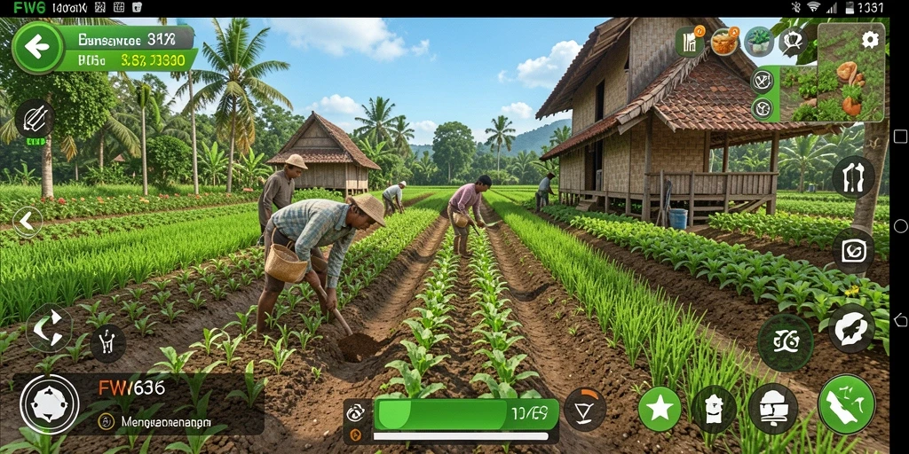 Tangkapan layar gameplay FW66 menampilkan kebun yang indah dan interaksi petani.