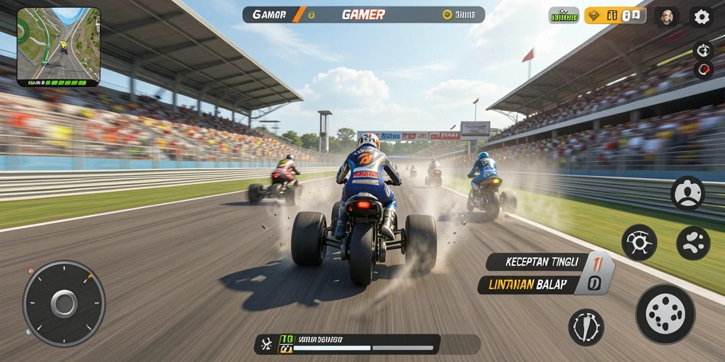 Screenshot utama GAMERP menampilkan aksi balap motor yang mendebarkan.