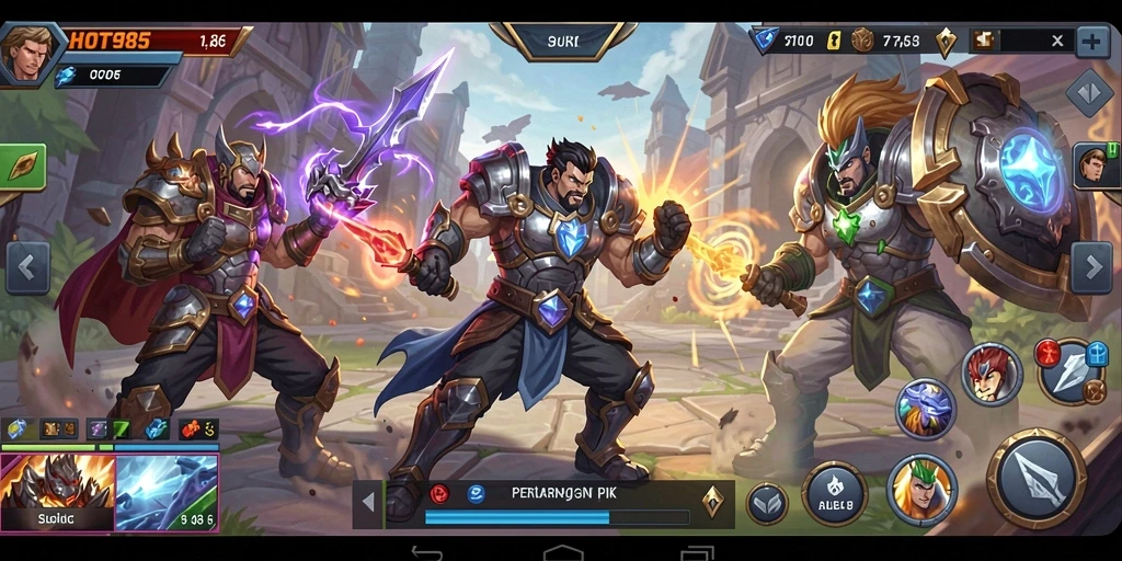 Screenshot HOT985 menampilkan aksi pertarungan intens dalam game MOBA.