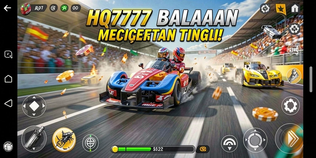 Gameplay HQ777 dengan balapan cepat dan mobil yang responsif.