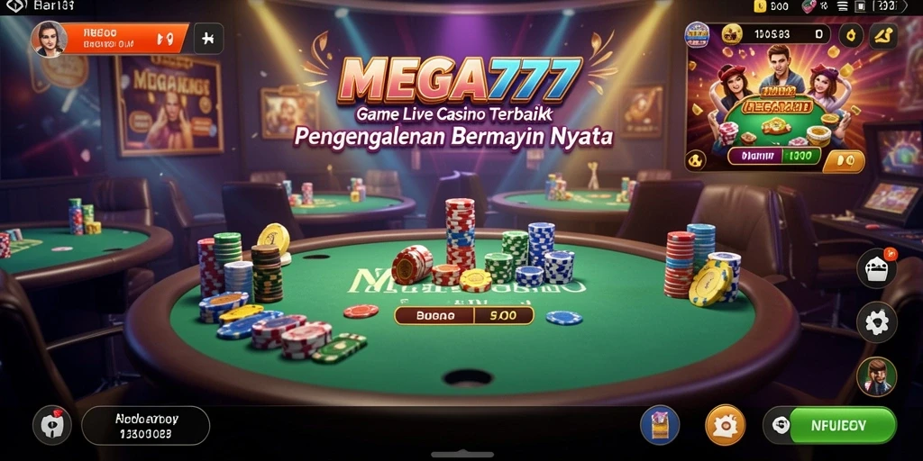 Screenshot gameplay MEGA777 menampilkan dealer langsung dan suasana kasino yang menarik.