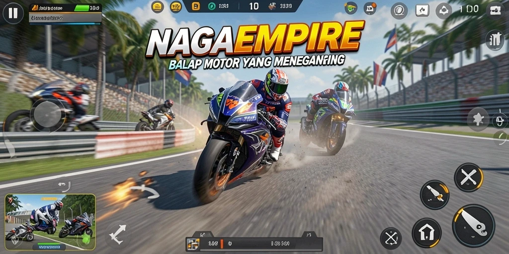 Screenshot gameplay NAGAEMPIRE dengan aksi balap yang mendebarkan.