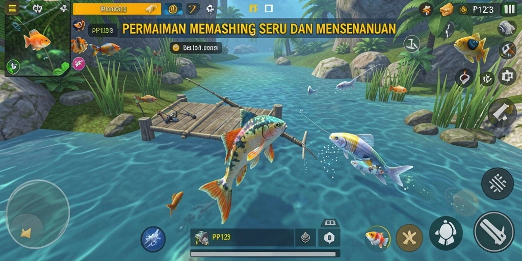 Tampilan utama gameplay PP123 dengan aksi memancing yang seru.